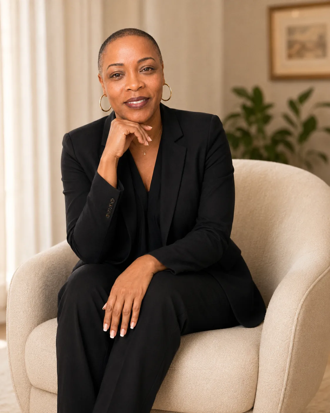 Dr. Kimberly McLeod seated in a cream chair wearing a black suit
